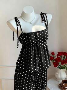 SHEIN CURVE+ 女款大尺碼條紋波點短袖圓領寬鬆1950年代復古Flapper 1920年代夏季兩件套優雅度假黑白配色 - 黑與白 - 查看 7