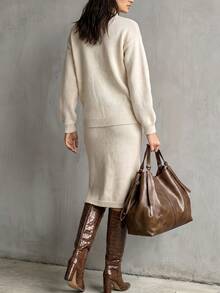 SHEIN LUNE 秋冬新款懶人休閒優雅風時尚百搭立領設計女款毛衣兩件套 辦公室茶會 白色 - 杏色 - 查看 3