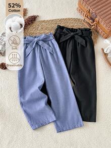 SHEIN 女童純色腰部打結設計休閒長褲 - 彩色 - 查看 1