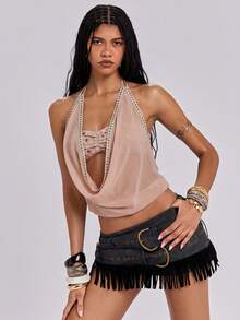 ACID BLVD Summer-Fall Avant-Garde Sexy 2 In 1 Strapless Sheer Eyelet Stud Decor Bandeau Two Pieces Women's Tank Top - Khaki - View 6