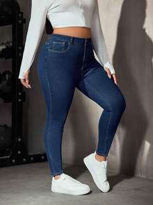 SHEIN EZwear 女款大尺碼深藍色高腰牛仔褲，夏季休閒寬鬆修身顯瘦，彈性丹寧，適合日常穿著、外出、正式場合與海灘 - 深色水洗藍 - 查看 6