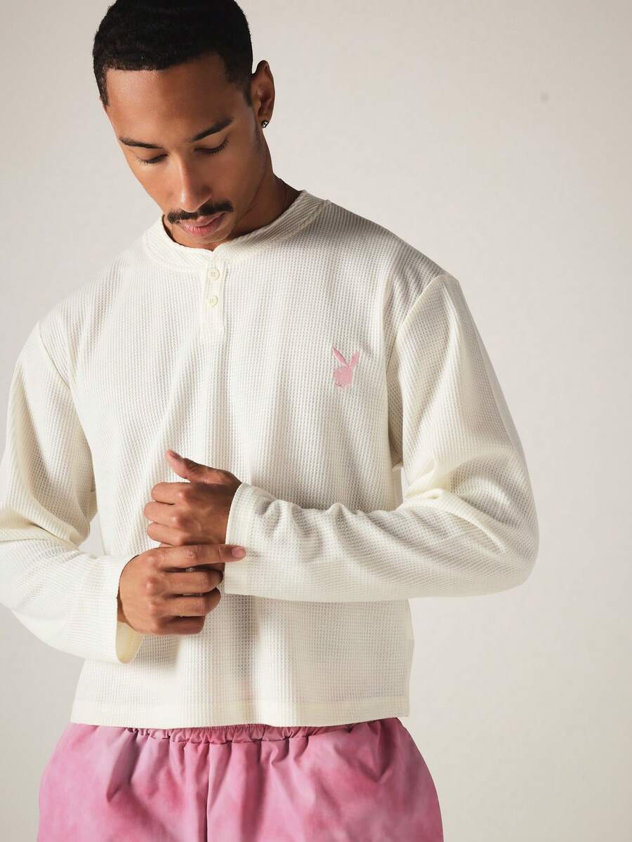PLAYBOY X SUMWON Bunny Embroidered Waffle Knit Henley Long Sleeve Boxy Top With Button Placket Neckline - Beige - View 1
