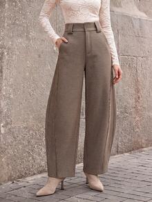 Anewsta Autumn/Winter Vintage British Style High Waist Curved Leg Brown Gray Casual Pants - Coffee Brown - View 3