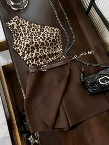 Franclia Sexy Slim Fit Leopard Print One Shoulder Tank Top & Wide Leg Casual Shorts 2pcs Set For Women, Commuter Travel Office Outfit - Brown - View 4