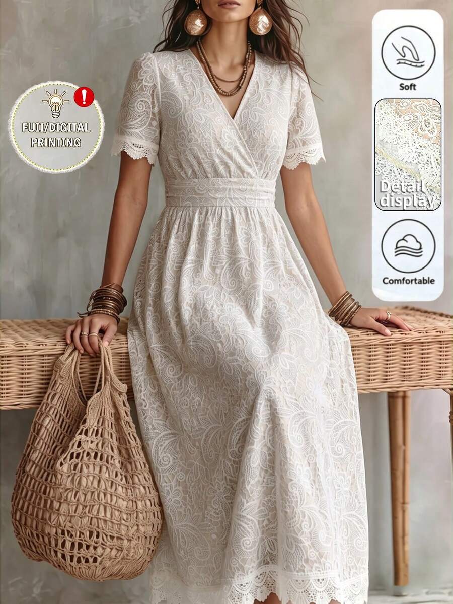 GlowEve CURVE Plus Size Woven Fitted Regular Floral Print Patchwork Dress Wedding Beige Summer Elegant - White - View 1