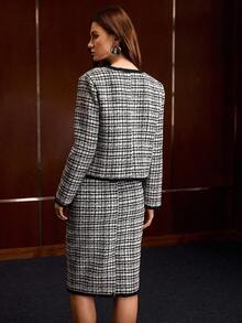 MOTF PREMIUM WOMEN'S FASHION TWEED CONTRAST TRIM SINGLE-BREASTED JACKET AND SKIRT 2 PIECES SET - Black and White - View 4