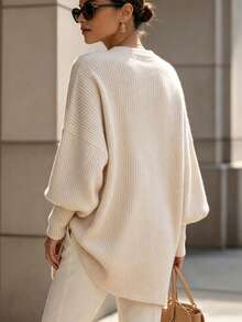 SHEIN Holidaya Desain Prancis, Sweater Imitasi Rajut Bergaris Asimetris, Lapisan Dalam Serbaguna, Pakaian Luar Elegan, Modis, Kasual, Kaos Wanita - Aprikot - View 2