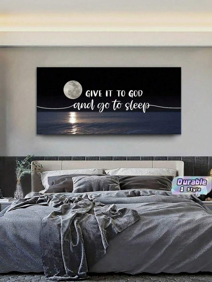 1 Pc Unframed Canvas Wall Art, Moon Ocean Night Scene Canvas Print With Quote "Give It To God And Go To Sleep", Modern Landscape Canvas Poster For Bedroom, Living Room Home Decoration - multicolor - View 1