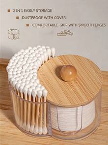 1PC Standard Size Bamboo Lid 2 In 1 Round Dual Hole Cotton Pad Holder And Floss Pick Container Organizer With Clear Body For Bathroom Vanity Countertop Cosmetic Sponge Storage Dispenser Dustproof Stackable Space Saving Home Essential - A - View 5