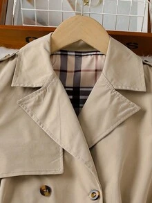 SHEIN Tween Girls Back To School Vintage Khaki Double-Breasted Belted Lapel Collar Midi Coat Fall Winter - Khaki - View 3