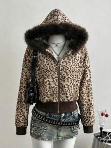 Elamini Women's Leopard Print Hooded Patchwork Fuzzy Design Zip-Up Slim Fit Flattering Short Y2K Retro Sexy Hot Girl Street Style Fashion Commute Sweatshirt - Brown - View 1