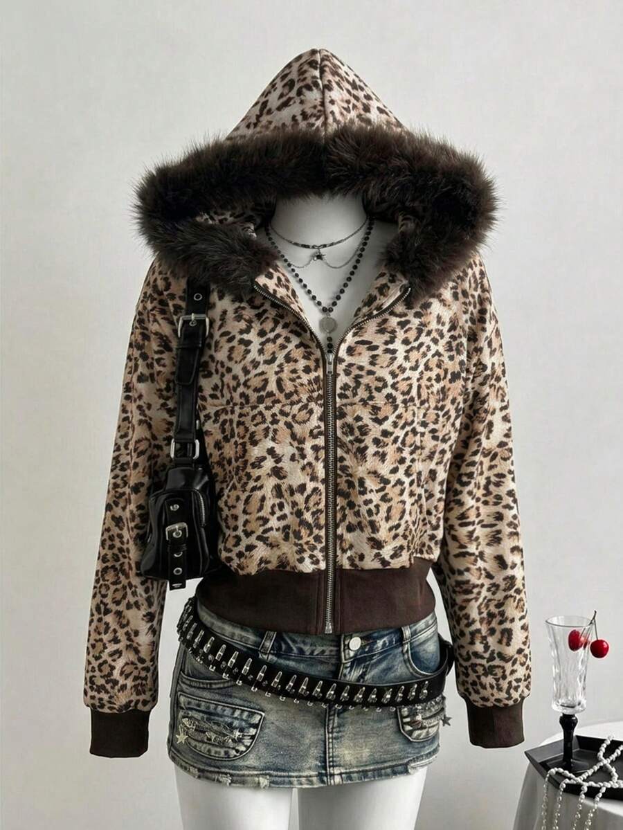 Elamini Women's Leopard Print Hooded Patchwork Fuzzy Design Zip-Up Slim Fit Flattering Short Y2K Retro Sexy Hot Girl Street Style Fashion Commute Sweatshirt - Brown - View 1