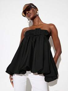Aveloria GENKIRA Spring/Summer Solid Apricot Khaki Strapless Top With Belt Buckle Decor, Waist-Defining Balloon Hem, Elegant Chic Modern Runway Style, Versatile For Commute, Casual, Beach Vacation, Y2K Sexy - Black - View 4