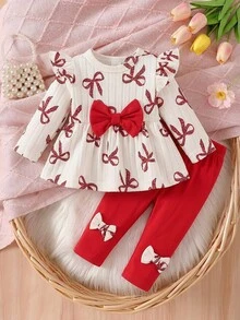 SHEIN Vintaside Kids 2件組新生女嬰杏色蝴蝶結豹紋圓領長袖荷葉袖抓絨內裡羅紋軟布料T恤上衣 + 彈性腰粉色休閒長褲，可愛時尚韓風甜美套裝，適合秋冬日常穿著、旅行、度假、派對、室內外場合 - 紅白色 - 查看 3
