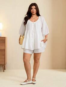 Edennvi Blus Model Boneka Ukuran Besar Berwarna Putih Bertekstur Seluruhnya dengan Kerah V, Kancing Besar, Lapisan Ruffle, Lengan 3/4 Model Kelopak, Potongan Longgar, Set 2 Potong untuk Wanita, Kasual Musim Panas - Putih - View 7