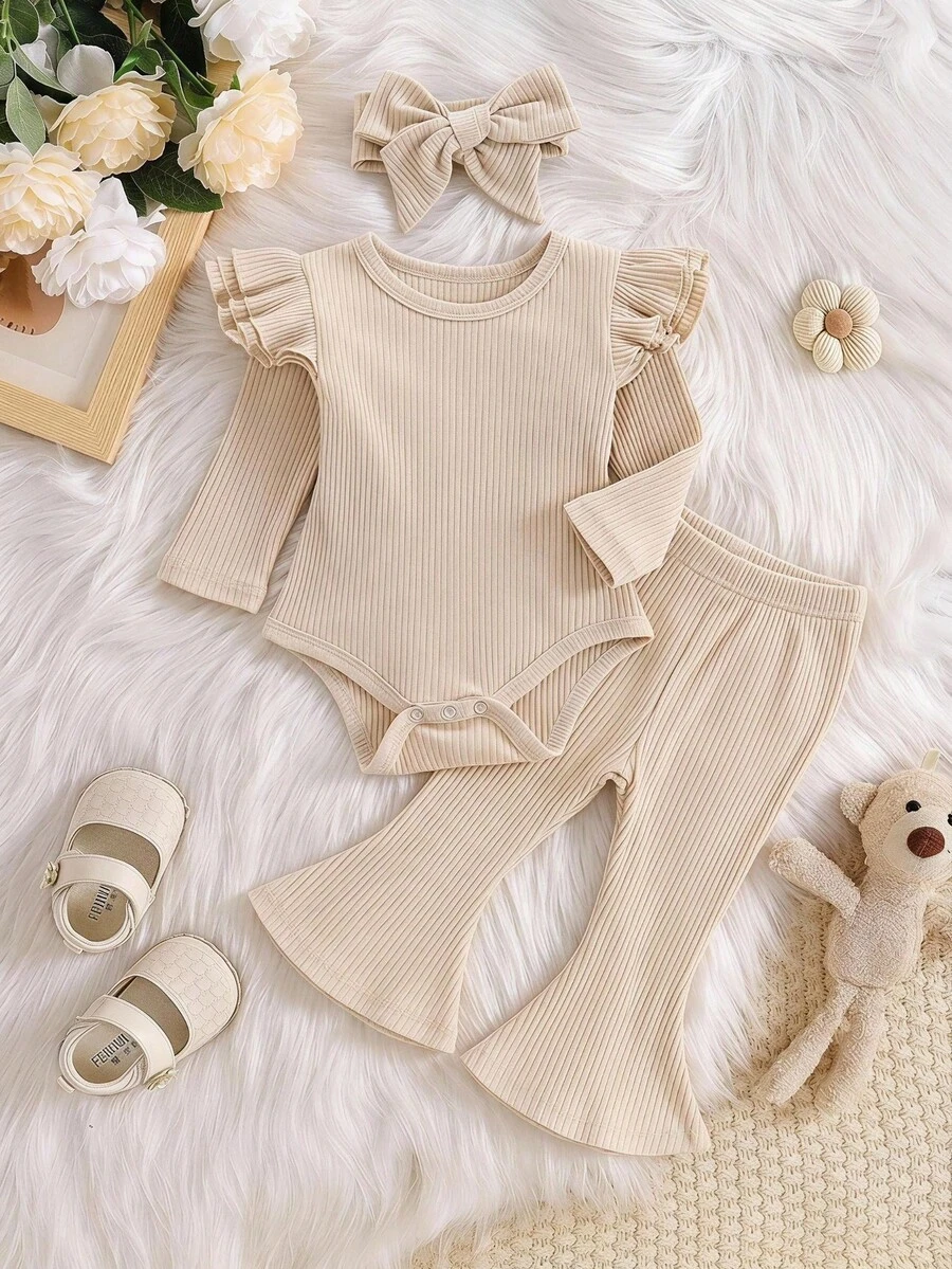 SHEIN Vintaside Kids Baby Girl Layered Ruffle Bodysuit & Flare Leg Pants & Headband - Apricot - View 1