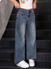 SHEIN Teen Girl Casual Versatile Daily Travel Denim Jeans With Pocket And Button - Light Wash - View 7
