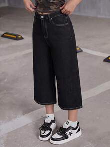 SHEIN Teen Girl Y2K Loose Bermuda Denim Jeans, Fall Back To School , Spring Summer Fall - Black - View 6