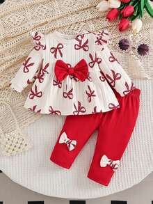 SHEIN Vintaside Kids 2件組新生女嬰杏色蝴蝶結豹紋圓領長袖荷葉袖抓絨內裡羅紋軟布料T恤上衣 + 彈性腰粉色休閒長褲，可愛時尚韓風甜美套裝，適合秋冬日常穿著、旅行、度假、派對、室內外場合 - 紅白色 - 查看 4