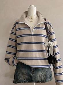 SHEIN EZwear 女款休閒半拉鍊寬鬆條紋衛衣，秋冬服飾，返校穿搭，2026秋冬，休閒Y2K通勤基本款，牛仔女孩復古風，適合外出與校園穿著 - 彩色 - 查看 6