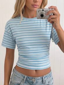 SHEIN Tween Girl Summer Casual Blue Striped Waist-Cinching T-Shirt Back-To-School Top - Blue - View 9
