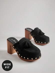 SHUZIA Women's Wide-Fit Slip-On Platform Mules With Rivets Decors - Black - View 1