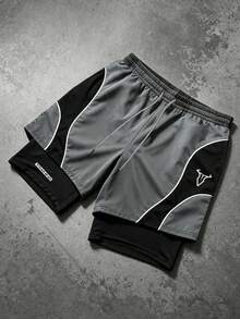 Sport MetroGents Celana Pendek Olahraga Pria 2 In 1 Motif Patchwork Blok Warna - Hitam - View 1