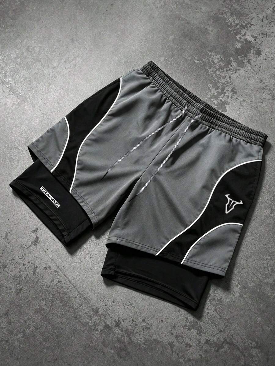 Sport MetroGents Celana Pendek Olahraga Pria 2 In 1 Motif Patchwork Blok Warna - Hitam - View 1