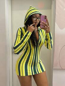 Fiercella Fiercella 極簡街頭風女款夏季黃色無袖條紋修身針織上衣洋裝，Afro時尚穿搭 - 黃色 - 查看 3