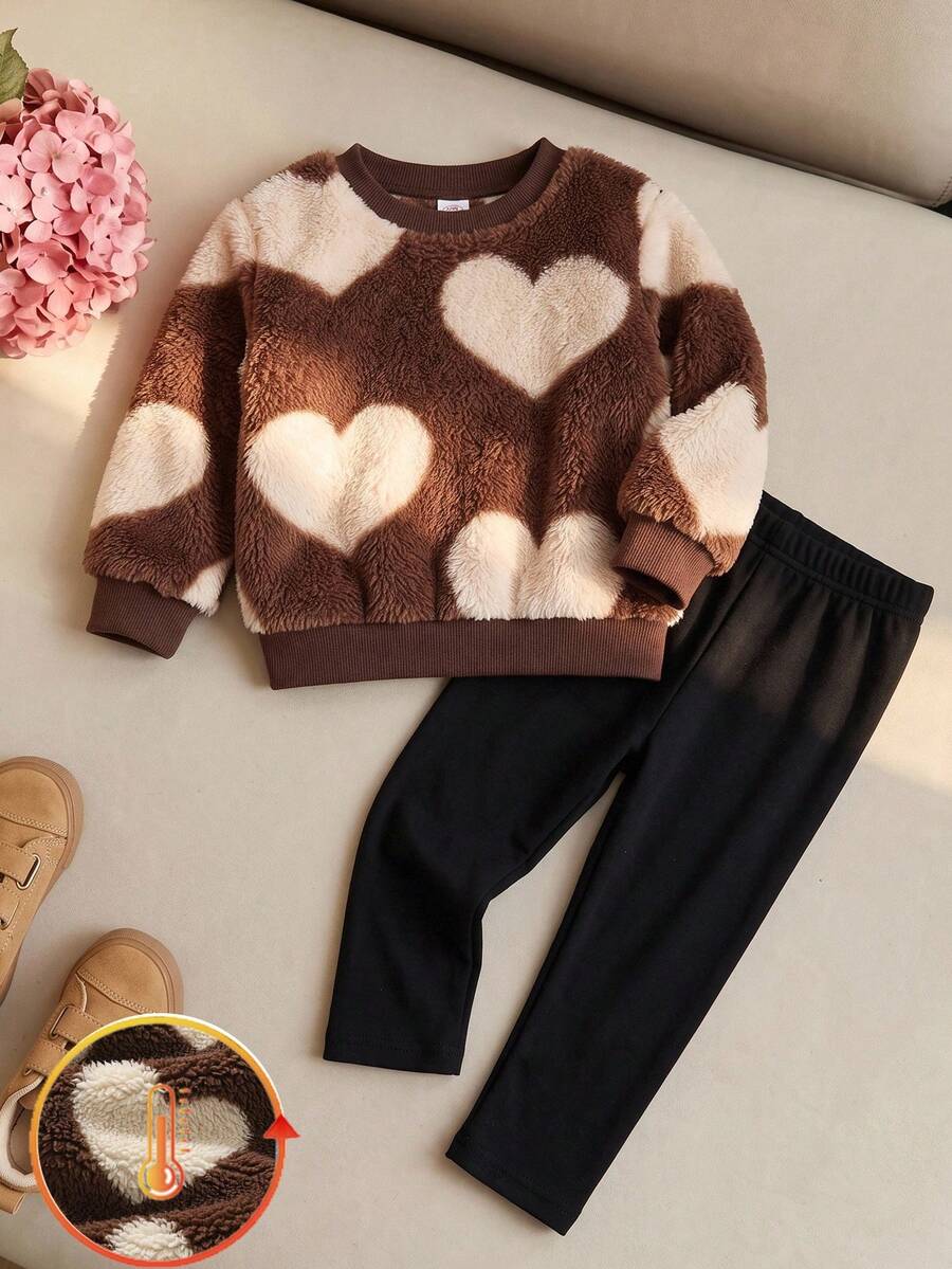 SHEIN 女嬰休閒日常毛絨愛心印花上衣與內搭褲套裝 - 彩色 - 查看 1