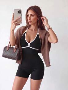 Dewbera Dewbera Women's Minimalist Striped Colorblock Halter Neck Athletic Romper - Black - View 1