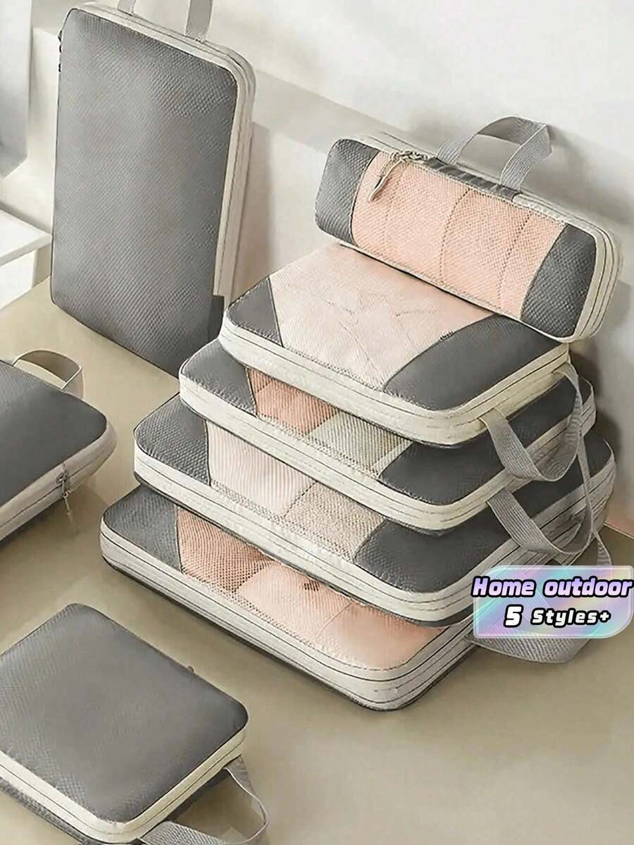 5Pcs Compression Packing Cubes For Suitcases Space Saving Travel Essentials Portable Lightweight Durable For Home Outdoor Road Trip Luggage Organizer For Adults - Grey - View 1