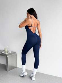 SHEIN Sports Women's Seamless Backless Criss-Cross Strap Navy Blue Sports One-Piece Jumpsuit - Navy Blue - View 4