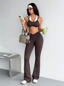 Dewbera Dewbera Women's 2 Pieces Bra And Solid Color Leggings Casual Sporty Athleisure Daily Sports Set Gym Dark Brown Autumn - Coffee Brown - View 1