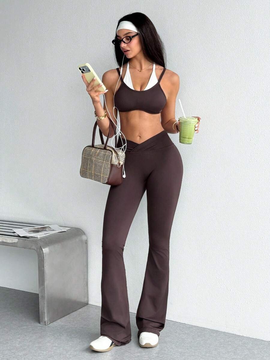Dewbera Dewbera Women's 2 Pieces Bra And Solid Color Leggings Casual Sporty Athleisure Daily Sports Set Gym Dark Brown Autumn - Coffee Brown - View 1