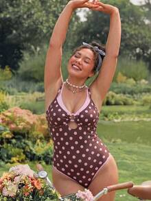 Swim Mod 2026 New Spring/Summer Plus Size One-Piece Polka Dot Random Print Large Scoop Neck Front Center White Ring Design Dual-Color Detachable Shoulder Strap Women's Swimsuit Suitable For Beach Vacation Wear - Multicolor - View 7