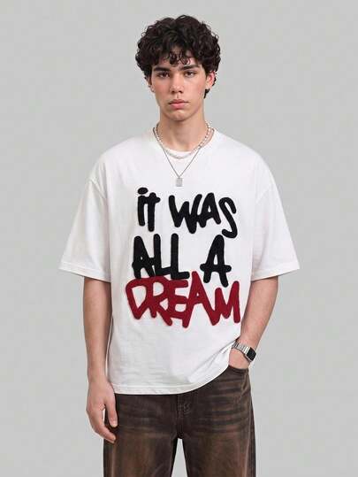 NORVETH T-shirt col rond à broderie citation rêve, coupe décontractée, blanc, pour un style urbain quotidien