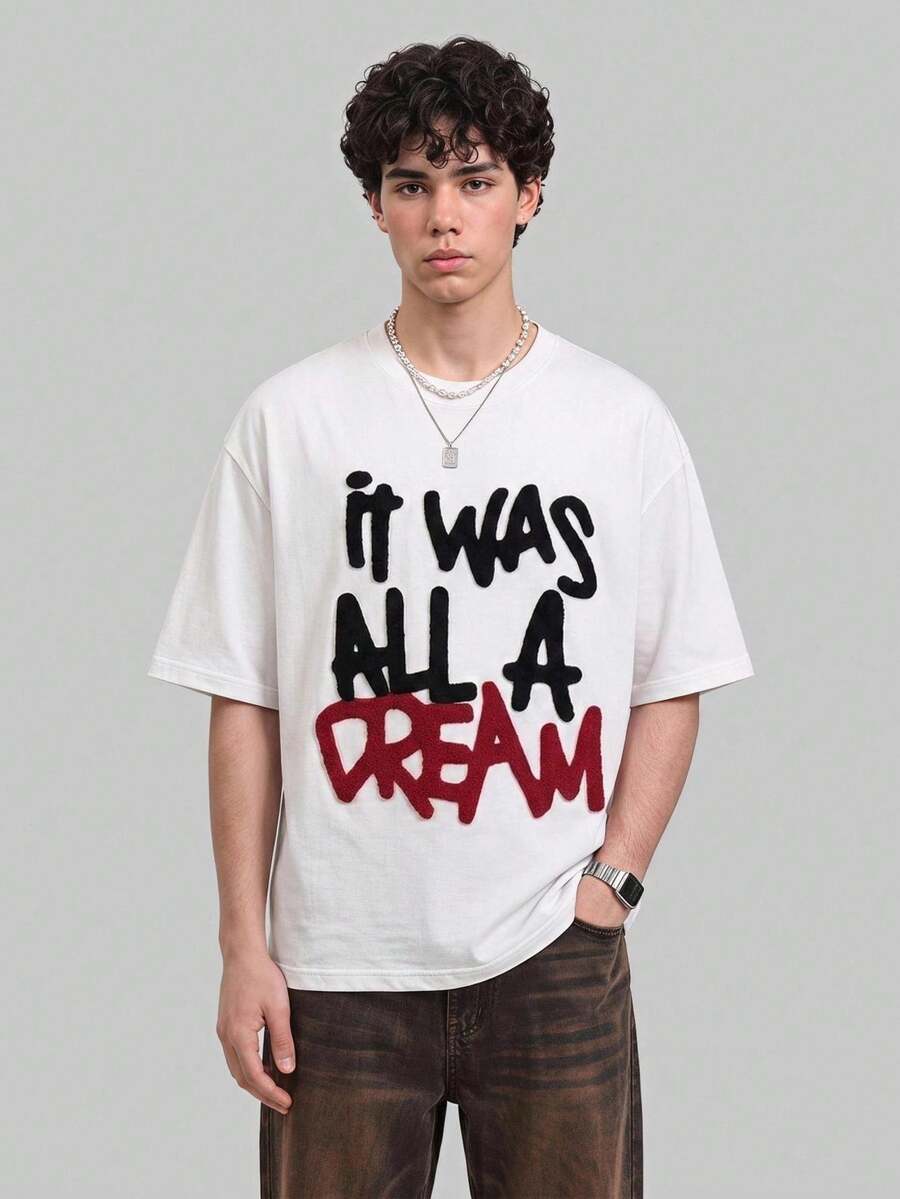 NORVETH Men's White Relaxed Fit Dream Quote Towel Embroidered Crewneck T-Shirt For Everyday Urban Style - White - View 1