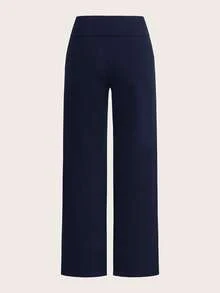 SHEIN EZwear 2件組女款休閒極簡高腰摺疊寬腿直筒長褲，適合夏季，小馬印花圖案 - 彩色 - 查看 4
