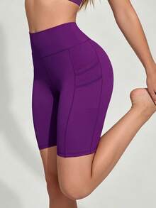 SHEIN Sports Women's Summer Minimalist Solid Color High Waist Patchwork Pocket Sports Cycling Shorts - Bold Plum - View 6