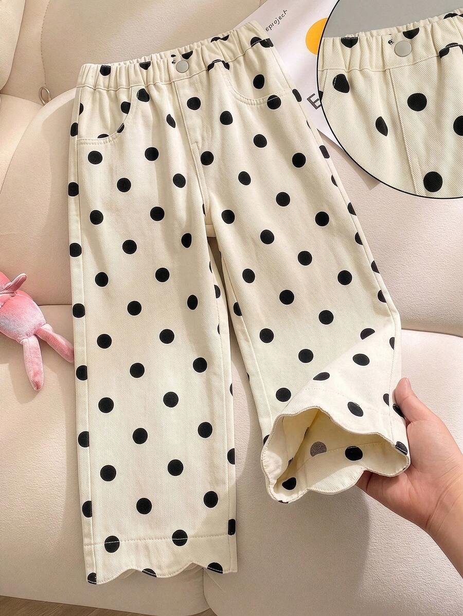 SHEIN Genkimix Kids 女童藍色波點寬腿牛仔褲，波浪下擺，寬鬆直筒版型，100%純棉丹寧，修身風格，休閒牛仔女郎西式日常上學夏季款