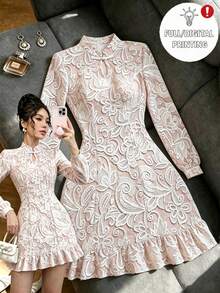 SHEIN Franclia New Chinese Style Floral Lace Stand Collar Frog Button Long Sleeve Modified Cheongsam Dress, Ruched Waist Ruffle Short Hem Slimming Gentle Outfit For Travel And Photography - Multicolor - View 1