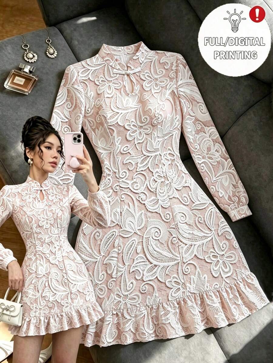 SHEIN Franclia New Chinese Style Floral Lace Stand Collar Frog Button Long Sleeve Modified Cheongsam Dress, Ruched Waist Ruffle Short Hem Slimming Gentle Outfit For Travel And Photography - Multicolor - View 1