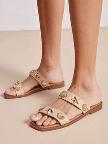 VACAZURE Women's Shell & Starfish Decor Straw Texture Raffia Slides – Coastal Chic Flat Sandals Valentine's Day Summer Shoes - Beige - View 6
