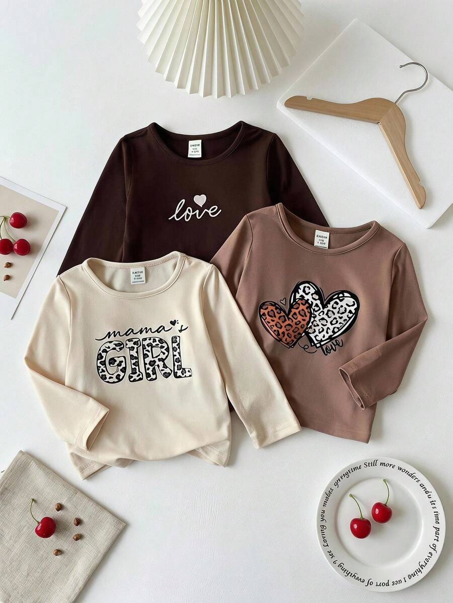 SHEIN Vintaside Kids 3 件女童字母印花修身长袖 T 恤,甜美休闲百搭百搭套装,秋季 - 彩色 - 查看 1