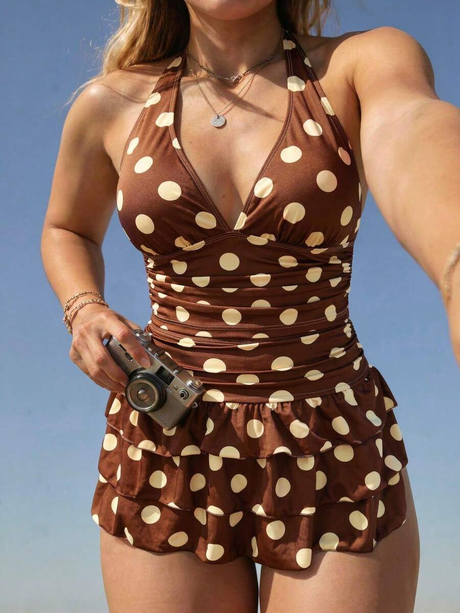 SHEIN Swim Plus Size Women's Elegant Flowy Beach Party Vacation Yellow Base Brown Polka Dot Random Print Halter Tie V-Neck Skirt 3 Pieces Set Tank Bikini Summer - Coffee Brown - View 1