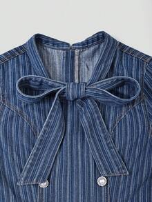 GlowEve Women's Bowknot Casual Elegant Daily Autumn Denim Dress Office Tea Party Blue And White Stripe Retro 90s Fformal Office Tea Party - Dark Wash - View 6