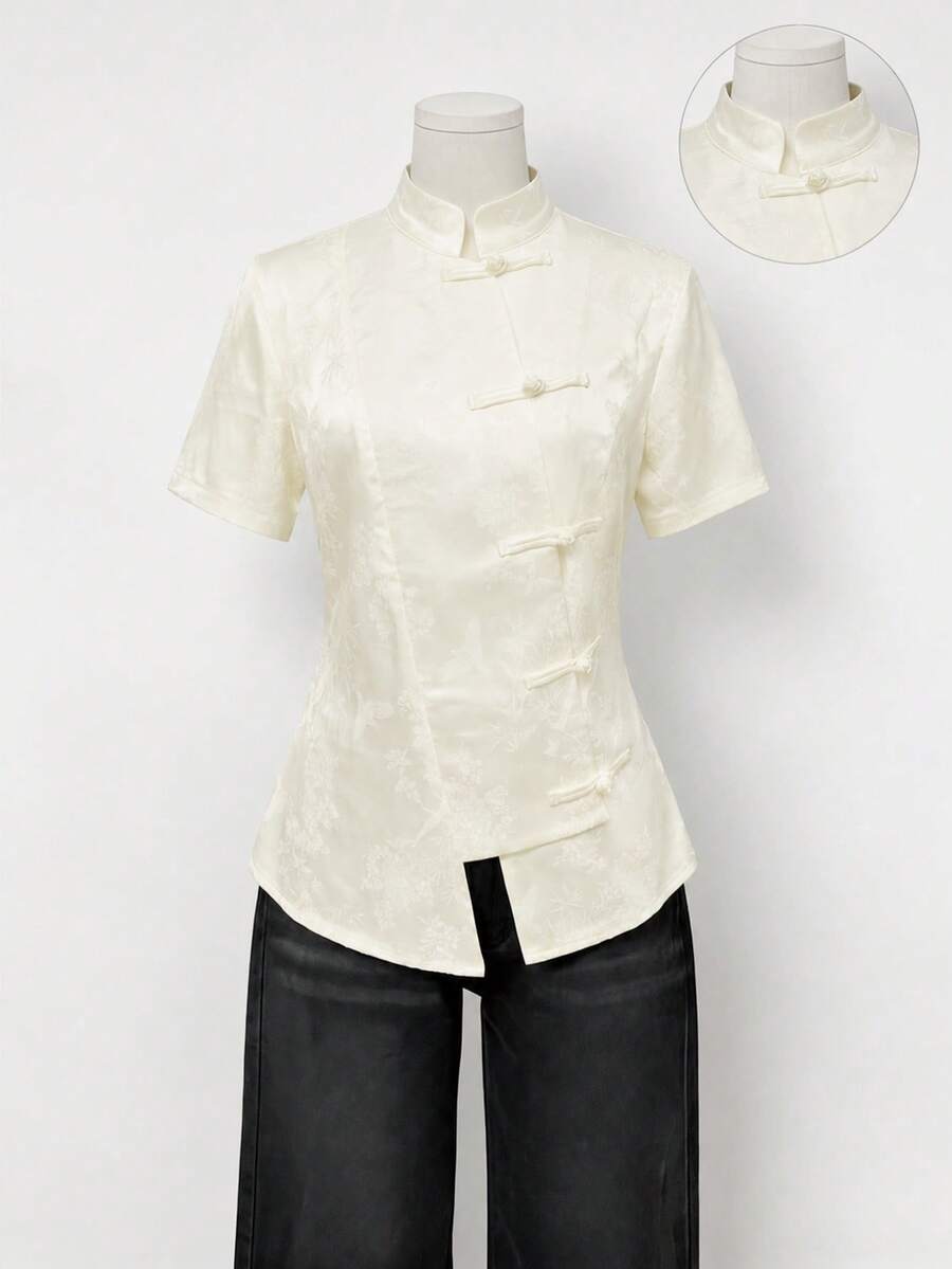 INAWLY Women's Solid Color Floral Jacquard Vintage Chinese Style Stand Collar Frog Button Asymmetric Blouse Shirt - Apricot - View 1