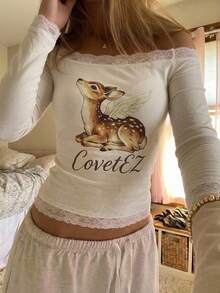 CovetEZ 女款蕾絲拼接字母卡通印花修身百搭T恤 日常居家棕色與白色波點秋季仙女風可愛款 - 杏色 - 查看 4