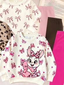 SHEIN Playful Pals Girls' Cute Sweet Bow Rabbit Print Long Sleeve Sweatshirt And Fuchsia Knit Leggings 2 Pieces Set, Suitable For Outings, Daily Wear - Multicolor - View 4